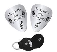 CREATCABIN 2pcs Memorial Guitar Pick Playing for Angels Stainless Steel Bass Acoustic Electric Rock Picks Remembrance Gift in Memory of Musician Loss with PU Leather Keychain 1.26 x 1 Inch