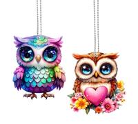 CREATCABIN 2Pcs Owl Suncatcher Rear View Mirror Accessories Mirror Hanging Car Interior Car Swinging Ornament Acrylic Owl Ornament Stained Glass Window Hanging Charm Pendants Gifts for Gardening