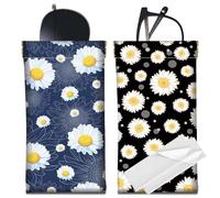 CREATCABIN 2Pcs Portable Glasses Case Slim Leather Sunglasses Case Bag April Daisy Soft Eyeglass Holder Pouch Spectacle Cases Squeeze Lightweight with Cleaning Cloth Gift for Women Men Travel 7x3.5in