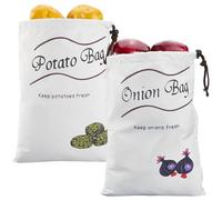 CREATCABIN 2Pcs Potato Onion Storage Bags Canvas Vegetable Storage Bags Garlic Potatoes Onions Keeper with Drawstring Reusable Grocery Onion Potato Storage Pouch Packaging for Pantry 14x10.4Inch-White