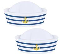 CREATCABIN 2Pcs Sail Hats Blue with White Stripe Sailor Hat Ship Captain Cloth Caps Costumes Skipper Cap for Boat Yacht Party Accessory Halloween Cosplay Dressing up Men Women 22x3Inch