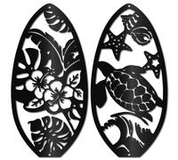 CREATCABIN 2Pcs Surfboard Metal Wall Art Iron Hibiscus Turtle Wall Decor Hanging Summer Tropical Black Silhouette Ornament Iron Sign for Yoga Studio Indoor Outdoor Home Office Decor Gift 11.8x5.9Inch