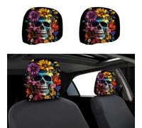 CREATCABIN 2Pcs Universal Headrest Covers Car Seat Headrest Cover Flower Skull Soft Breathable Car Head Rest Cover Protector Headrest Universal for Automobile Truck Auto Sedan Decorative 11x10Inch