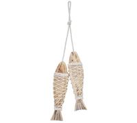 CREATCABIN 2Pcs Wooden Fish Decor Hanging Wood Fish Sculpture Rustic Nautical Fish Decor with Fishing Net Hand Carved Wood Fish Wall Art for Lake House Beach Theme Home Decoration 7.8Inch