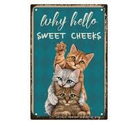 CREATCABIN 3 Cat Metal Tin Sign Why Hello Sweet Cheeks Funny Tin Sign Vintage Metal Poster Sign Retro Hanging Wall Art Decor for Home Bathroom Kitchen Living Room Christmas 8 x 12inch