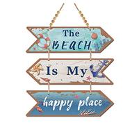 CREATCABIN 3 Pieces Wooden The Beach is My Happy Place Sign Wood Arrow Hanging Plaque Wall Decor Farmhouse Rustic Kitchen with Hole for Home Dining Living Room(Dark Turquoise Color)