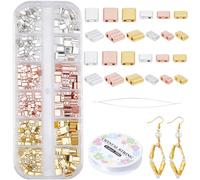 CREATCABIN 300Pcs 2 Hole Tila Beads Kit 6 Styles Mix Glass Seed Beads Bulk Rectangle Mini Opaque Square Beading Needles Elastic Thread for Craft Bracelet Necklace Earring Jewelry Making Gold Silver