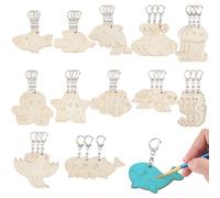 CREATCABIN 36Pcs Color Your Own Keychains Crafts Unfinished Wooden Blank Keyrings Bulk Shark Crab Jellyfish Octopus Starfish Sea Turtle Seahorse Whale Wood Painting DIY Craft Keychain for Arts Project