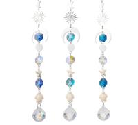 CREATCABIN 3Pcs 3 Colors Crystal Sun Hanging Car Charm Moon Suncatcher Ocean Car Rearview Mirror Hanging Starfish Sea Turtle Car Rear View Mirror Ornament for Car Accessories Window Garden Wind Chimes