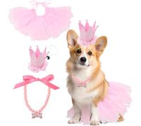 CREATCABIN 3Pcs 3 Styles Cat Princess Costumes Pink Dog Costume Organza Adjustable Small Pet Crown Hat Bowknot Pearl Necklace Lace Tutu Outfit for Pets Birthday Christmas Party Decor Set Accessories