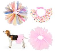 CREATCABIN 3Pcs 3 Styles Dog Tutu Cat Princess Costume Colorful Pink Polyester Small Pet Lace Tutu Bandana Bib Scarf Christmas Bow Tie Outfit for Pets Birthday Parties Dresses Decoration Set Supplies