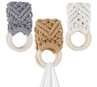 CREATCABIN 3Pcs 3Colors Handmade Crochet Towel Holder Ring Knit Towel Hanger with Wood Ring Towel Hanging Loop Ring Boho Macrame Kitchen Dish Towel Holders for Cabinet Bathroom Decorative 2x10Inch