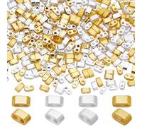 CREATCABIN 400Pcs 2 Hole Half Tila Beads 24K Gold Plated Seed Beads Bulk Silver Rectangle Metallic Flat Mini Opaque Electroplated Hematite for Craft Bracelet Necklace Earring Jewelry Making 2mm