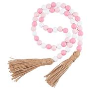 CREATCABIN 42 Inch Wood Bead Garland Decor Rustic Country Farmhouse Boho Home Pink White Wooden Beads Tassel Wall Hanging Ornaments for Coffee Table Wall Shelf Tray Vase Living Room Bedroom