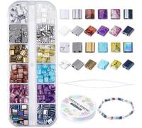 CREATCABIN 480Pcs 2 Hole Tila Beads Kit 12 Colors Mix Glass Seed Beads Bulk Rectangle Mini Opaque Square With Beading Needles Elastic Thread for Craft Bracelet Necklace Earring DIY Jewelry Making 5mm
