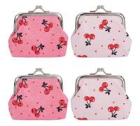 CREATCABIN 4Pcs 2 Styles Small Kiss Lock Purse Sparkling Coin Purse Pink Cloth Vintage Fruit Cherry Pattern Alloy Clasp Closure Change Holder Wallet Pouches for Cash Key Women 3.4 x 3.7 x 0.7 Inch