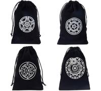 CREATCABIN 4Pcs 4 Styles Black Tarot Storage Bag Velvet Drawstring Packing Pouches Pentagram Moon Phase Star Gifts Bag for Tarot Dice Card Jewelry Crystal Fortune Telling Card Pouch Halloween Party