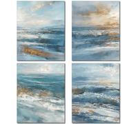 CREATCABIN 4Pcs 4 Styles Ocean Canvas Wall Art Beach Wall Prints 7.9" x 9.8" Cloth Boho Blue Sea Sunset Poster Picture Painting Walls Arts Decoration Print for Home Living Room Kitchen Bathroom