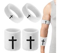 CREATCABIN 4Pcs Cross Wrist Bands White Bicep Bands Sports Christian Faith Inspirational Absorbent Sweat Spandex Wristbands for Men Women Football Basketball Baseball Running Gym Working Out