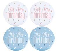 CREATCABIN 4Pcs It's My Birthday Badge Round Birthday Pin Happy Button Badges White Pink Iron Party Lapel Tinplate Brooches f, Blue White, 58mm