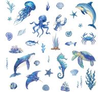 CREATCABIN 4Pcs Marine Animal Wall Stickers Under the Sea Wall Decals Octopus Jellyfish Starfish Sea Shell Conch Peel and Stick PVC Window Decorations for Door Playroom Bedroom Nursery 11.4x7.9in