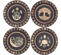 CREATCABIN 4Pcs Round Wood Jewelry Display Tray 4 Styles Black Ring Dish Moon Phase Lotus Small Trinket Tray Ornament Earring Necklace Showcase Holder Organizer Flat Tray for Home Decor 3.8 Inch