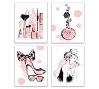 CREATCABIN 4pcs Unframed Pink Fashion Women Canvas Wall Art Print High Heels Flowers Perfume Makeup Home Decor Wall Art Modern Artwork for Dressing Room Bedroom Bathroom Home Girls Gift 8 x 10inch