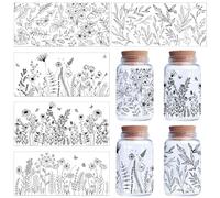 CREATCABIN 5 Sheets Flower Transfer Stickers for Glass Cups - Rub On Transfers Decal Clear UV DTF Cup Wrap PVC Waterproof Wildflower Vintage Stickers Decals for DIY Crafts 9.44x4.33Inch