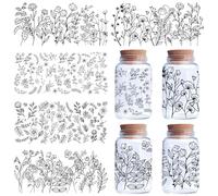 CREATCABIN 5 Sheets Flower Transfer Stickers Plant Cup Wraps for 16OZ Glass Cups Black PVC Floral Theme Plants Leaves Waterproof UV DTF Rub On Transfers Decals for DIY Glass Bottles 4.33x9.44 Inch