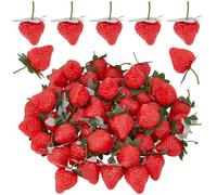 CREATCABIN 50Pcs Artificial Strawberries Plastic Fruit Lifelike Simulation Red Strawberry with Green Stem Leaf Realistic Fruits Food Model for Photography Prop Home Kitchen Cabinet Table Party Decor