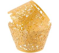 CREATCABIN 50Pcs Cupcake Wrappers Artistic Bake Cake Paper Cups Filigree Little Vine Lace Laser Cut Gold Liner Baking Cup Muffin Case Trays Cake Cups Tower Wraps for Wedding Party Birthday Decoration