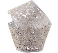 CREATCABIN 50Pcs Cupcake Wrappers Artistic Bake Cake Paper Cups Little Vine Lace Laser Cut Silver Liner Baking Cup Muffin Case Trays Cake Cups Tower Wraps for Wedding Party Birthday Decoration 3x8Inch
