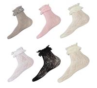 CREATCABIN 6 Pairs Lace Crew Socks Omens Lace Ankle Socks Ruffle Ruffle Mesh Crew Socks Frilly Dress Socks Sexy Mesh Lace Trim Lolita Sock Lacy Ruffled Cootie Sock for Woman Bobby Fashion Dress Sock