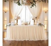 CREATCABIN 6ft Champagne Tulle Table Cloth Tutu Table Skirt Tulle Desk Skirt Tablecloth Ruffle Wrinkle Stretch Decorations Rectangle Tables with Adhesive Tape for Birthday Wedding Party Cake Dessert