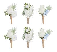 CREATCABIN 6Pcs 3 Styles White Wedding Boutonniere Rose Flower Boutonniere Silk Cloth Floral Groom Buttonholes Pin Brooch Accessories for Men Women Wedding Ceremony Anniversary Party Prom Decoration
