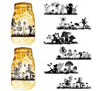CREATCABIN 6Pcs Fairy Mushroom Silhouettes Mason Jar Decor PVC Laser Cut Fairies Scrapbook Cardboard Solar Lantern Hanging Cutouts Ornaments for Lantern Frosted Glass Window Black 8x3.5Inch-No Sticker