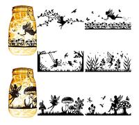 CREATCABIN 6Pcs Fairy Silhouettes Mason Jar Decor Angel Lantern Laser Cutouts Ornaments Mushroom Branch Scrapbook for Frosted Glass Wall Windows Cars DIY Crafts Xmas Black 7.9x3.5Inch(No Sticker)