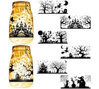 CREATCABIN 6PCS Halloween Silhouettes Jar Decor Mason Jar Cutouts Witch Castle Lantern Jar Scrapbooks Embellishment Waterproof PVC Lamp Films for Wall Windows Glass Jars Diy Crafts 3.5x7.9in