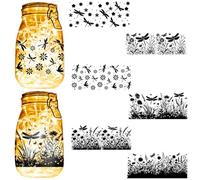 CREATCABIN 6PCS Silhouettes Decor Mason Jar Cutouts Dragonfly Scrapbook Embellishment Waterproof PVC Lamp Film for Christmas New Year Wall Windows Frosted Glass Lantern Jar Decoration 3.5x7.9in