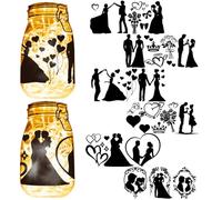 CREATCABIN 6Pcs Wedding Silhouettes Mason Jar Decor Laser Cut Cardboard Scrapbook Cutouts Die Cuts PVC Gifts Married Couple for Crafting Lantern Jars Wall Painting Glass Phones-No Sticker 8x3.5Inch