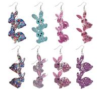 CREATCABIN 8Pair/Styles Rabbit Acrylic Dangle Earrings Easter Acrylic Earrings Set Sparkle Bunny Drop Dangle Earring Charms Glitter Colorful Animal Acrylic Jewelry for Women Holiday Happy Easter