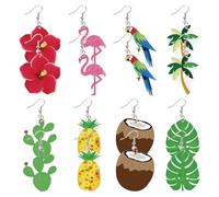 CREATCABIN 8Pair/Styles Summer Earrings for Women Hawaiian Tropical Acrylic Dangle Earrings Bulk Pineapple Leaf Coconut Cactus Flamingo Flower Beach Earrings Set Charms Jewelry
