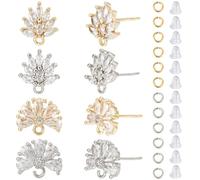 CREATCABIN 8Pcs 4 Styles Brass Cubic Zirconia Flower Stud Earring Findings Ear Stud Earrings Earring Posts with Loops Open Jump Rings Ear Nuts for DIY Earring Jewelry Making Supplies Platinum Golden