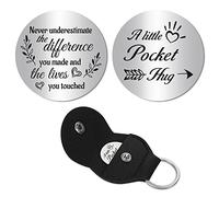CREATCABIN A Little Pocket Hug Token Long Distance Relationship Keepsake Stainless Steel Double Sided Inspirational Gift with PU Leather Keychain for Friends Family Dad Son 1.2 x 1.2 Inch