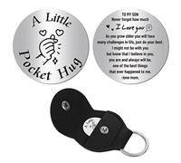 CREATCABIN A Little Pocket Hug Token Long Distance Relationship Keepsake Stainless Steel Double Sided Inspirational Gift with PU Leather Keychain for Friends Family Son 1.2 x 1.2 Inch-To My Son