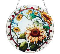 CREATCABIN Acrylic Stained Windows Hanging Suncatcher Retro Sunflower Hanging Ornament Round Panel Sun Catcher with Iron Chain and Jump Rings Summer Home Decor Gift for Family Friends 5.9x5.9 Inch