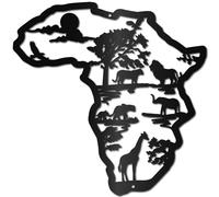 CREATCABIN Africa Map Metal Wall Art Black Wall Hanging Decor Iron Wall Sculpture Cutout Silhouette Africa Animals Sign Ornament for Living Room, Bedroom, Kitchen, Bathroom, Outdoor 12x12 Inch