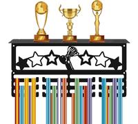 CREATCABIN Award Ribbon Display Hanger Medal Hook with Shelf Star Trophy Pattern Medal Holder Rack Frame Black Metal Iron Sports Marathon Ribbon Organizer for Hanging Awards Running 15.8x7.9x3.9 inch