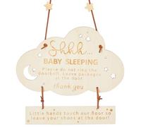 CREATCABIN Baby Sleeping Sign for Front Door Wooden Hanging Decorations Do Not Ring Doorbell Wood Sign Rustic Door Decor with Hemp Rope Cloud Wooden Hanger Wall Decor for New Parents 8.7x5.5Inch