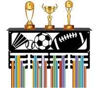 CREATCABIN Ball Medal Holder Display Football Medal Hanger with Trophy Shelf Rugby Baseball Metal Award Rack for Wall Mount Decor Hanging 60+ Medals Rack for Awards Race Medalists Badminton 15.7x8x4in